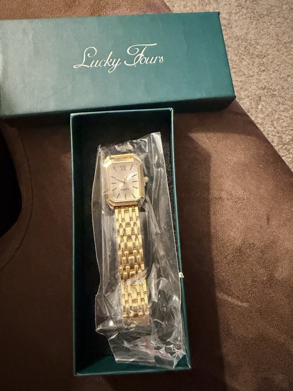 Lucky Fours Gold Tone Square Case Quartz Analog Women's Watch New in Box